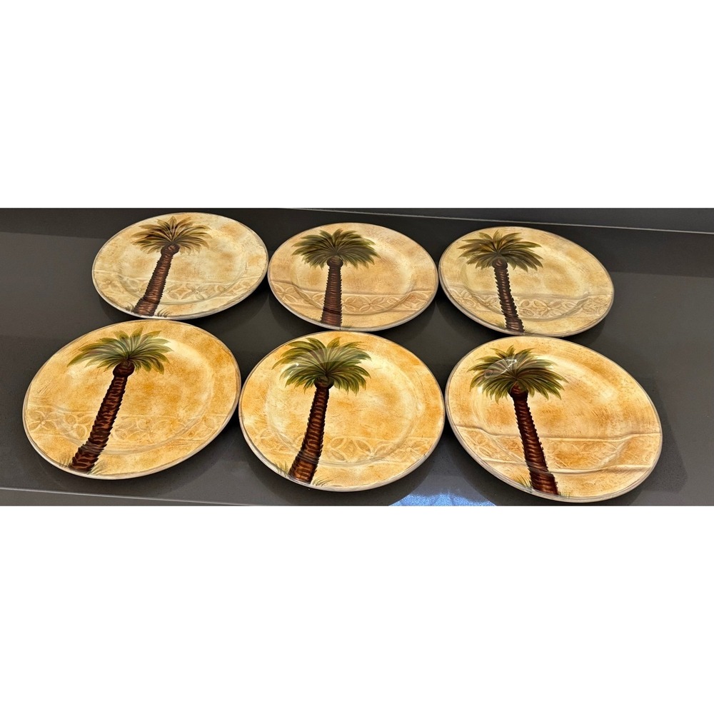 Bellagio Hand Painted Palm Tree Dinner Plates Set of 6 Tabletops Unlimited